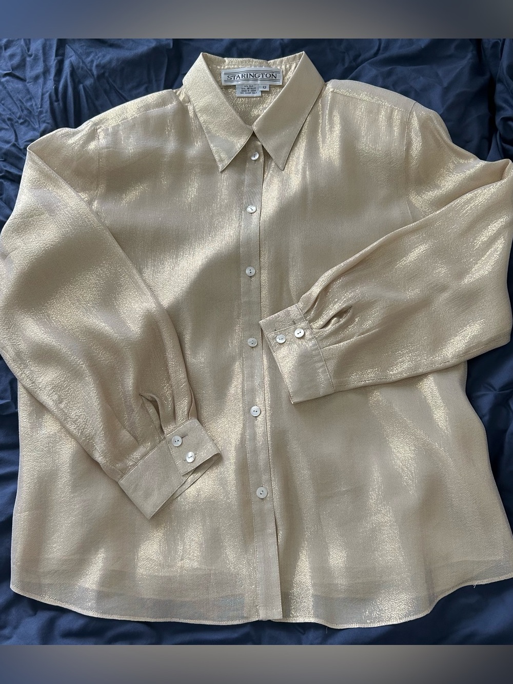Vintage Shimmery Gold Cream Button-Up Shirt Silk and Metallic Blend